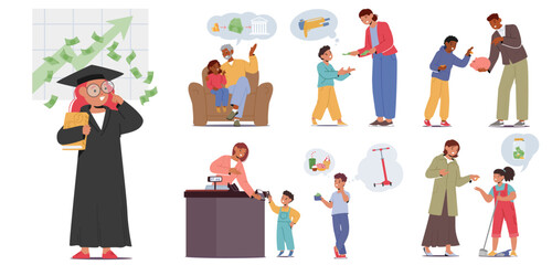 Obraz premium Parents Teaching Children Finance Literacy. Education Involves Guiding Them On Budgeting, Saving, Investing