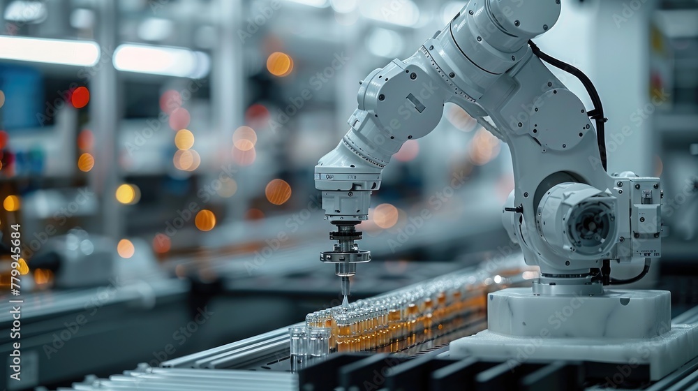 Aufkleber automatic robot in a smart factory, a robotic arm operates with high precision on an automated produ