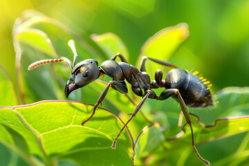 A black ant resting on green leaf