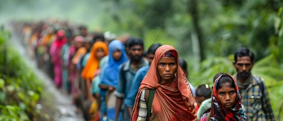 A Journey of Endurance: Rohingya Exodus to Bangladesh. Concept Refugee Crisis, Humanitarian Aid, Impact of Conflict, Global Migration, Resilience and Hope - obrazy, fototapety, plakaty