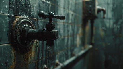 A rusty water faucet on a wall with green tiled walls, AI - obrazy, fototapety, plakaty
