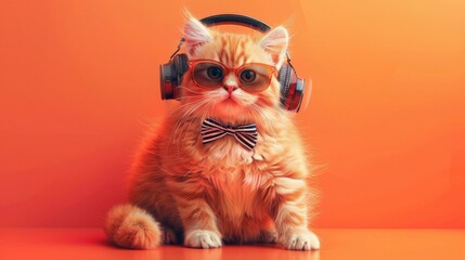 Cute fatty red cat wearing stylish sunglasses and headphones