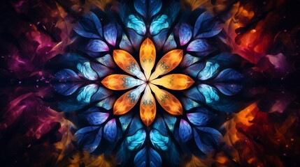 An artistic image of a kaleidoscope showing various shapes and colors in a symmetrical design