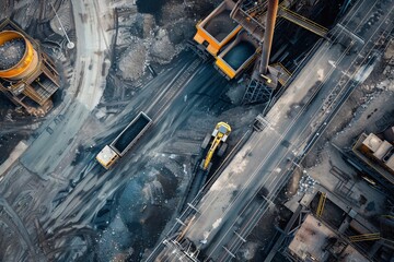 An aerial perspective of a bustling coal mining site with workers, heavy machinery, and building materials