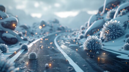 A snowy road with viruses it and snow falling, AI - obrazy, fototapety, plakaty
