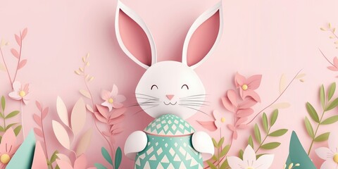 A paper rabbit is holding a colorful Easter egg and a beautiful flower to celebrate the happy event of Easter. The creative arts of plant and organism adaptation can be seen in this artwork AIG42E