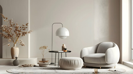 Interior of living room featuring grey armchair, coffee table, and floor lamp above beige mock-up wall. interior design. background inside the room with copy space