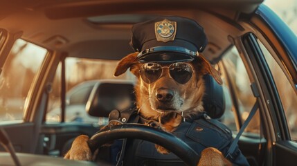 A dog in police uniform inside a police car