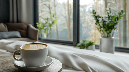 Fototapeta na wymiar Cozy Morning Coffee with a View of the Tranquil Forest