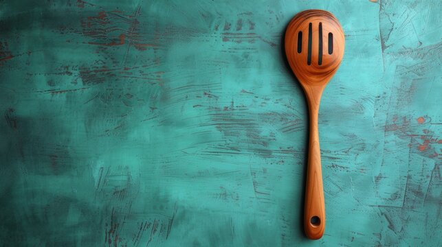 A wooden spoon sitting on a green table with blue paint, AI