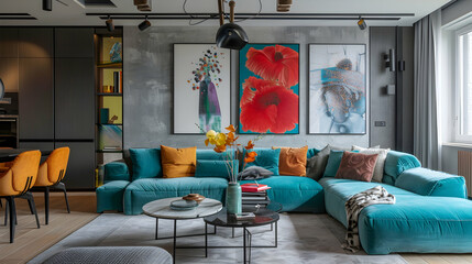 large posters and a turquoise sofa. A contemporary living room's interior design