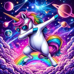 A unicorn with sunglasses is dabbing amidst a colorful cosmic background with planets and stars
