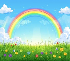 Obraz premium Colorful Arcadia: A Vibrant Rainbow Embraces the Sunny Meadow - Generative AI