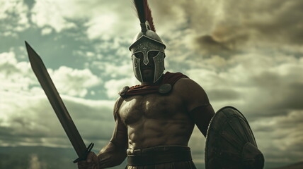 Spartan warrior brandishes his sword and shield, ready for battle - obrazy, fototapety, plakaty