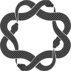 Vector tattoo design of four black snakes biting their tails intertwined in the shape of an octagram sign. Isolated black silhouette of Ouroboros symbol.