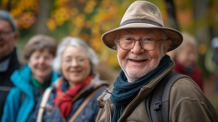 A group of a man with glasses and hat smiles for the camera, AI