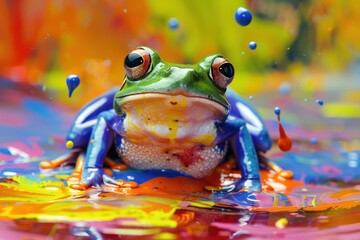 Canvas of Color: A Playful Frog Among Whimsical Paint Splatters - Generative AI