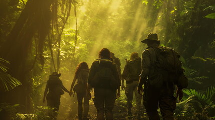 Group of experts preparing to embark on expedition deep into jungle in search of new mysteries and remains of ancient civilizations. Exciting atmosphere of suspense and anticipation - obrazy, fototapety, plakaty
