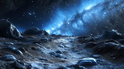 A rocky terrain with a blue sky and stars in the background, AI