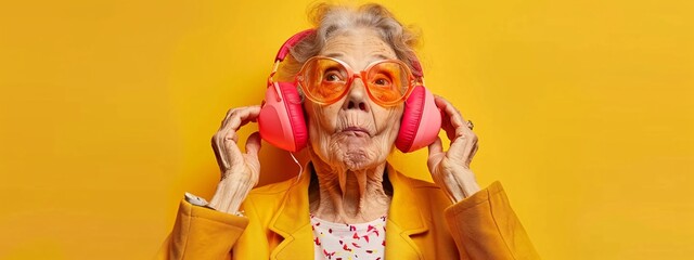 an old woman wearing pink headphones and yellow coat