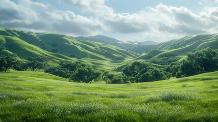 Fototapeta premium Rolling hills covered in a sea of verdant grass, stretching as far as the eye can see.