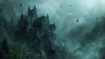 Gothic castle on the slope of a mountain - obrazy, fototapety, plakaty