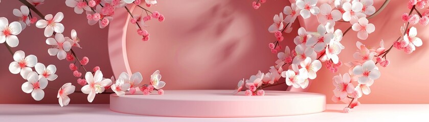 Minimal spring flower podium, 3D beauty display, pink and white blossom background, nature stage