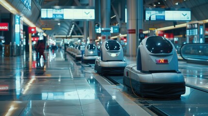 Robotic janitors cleaning floors in a busy airport terminal. - obrazy, fototapety, plakaty