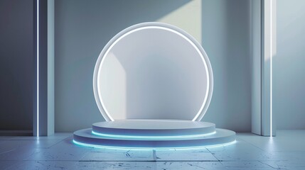 Modern tech studio scene, 3D podium with portal glow, abstract game stage, sleek white backdrop