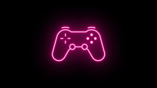 Neon joystick sign animation, slow blink. Glowing neon gamepad icon, looped slow flashing animation. Game station controller, play console, joypad for videogames. Pink, red, purple colors