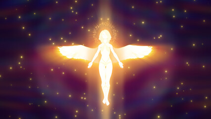 Fototapeta na wymiar 3d illustration of a beautiful shining angel flying sparingly in space