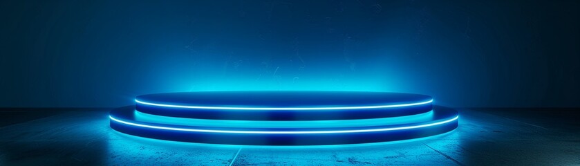 Neon blue podium, 3D light platform, abstract stage for product display, glowing background