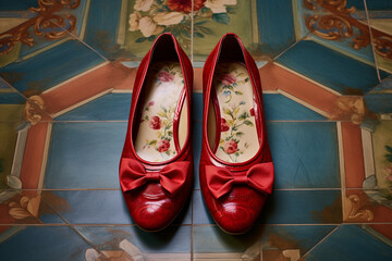A vibrant pair of red ballet flats adorned with delicate bows on a patterned rug.