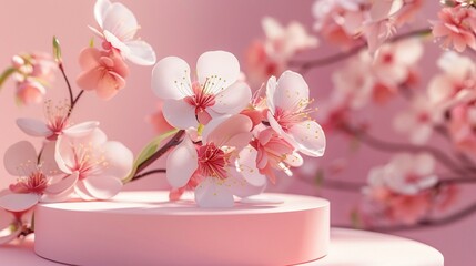 Obraz na płótnie Canvas Pink flower podium for beauty products, 3D spring floral scene, white blossom, minimal nature design