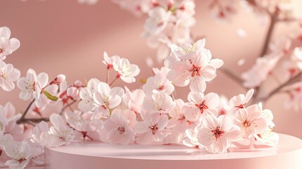 Pink flower podium for beauty products, 3D spring floral scene, white blossom, minimal nature design
