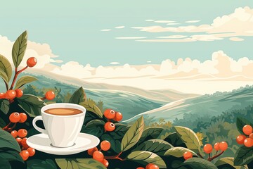 Serene coffee break with panoramic hillside plantation view