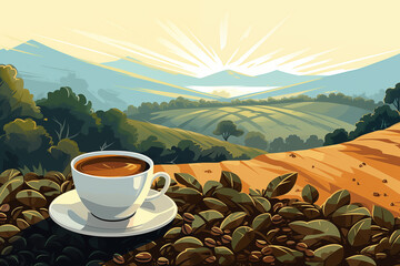 Dawn over coffee fields, fresh morning brew with sunrise view illustration