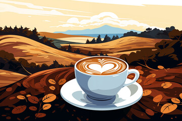 Autumnal coffee moment, latte with heart in a pastoral landscape illustration