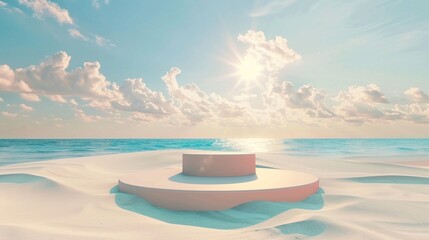 Summer holiday podium on beach, 3D sand and sea stage, vacation banner stand, sun and sky - obrazy, fototapety, plakaty