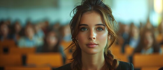 Professional businesswoman demonstrates expertise and leadership during corporate presentation at conference. Concept Corporate Presentation, Business Expertise, Leadership Skills, Conference Event