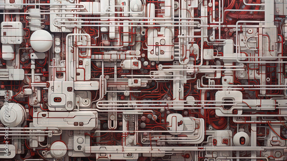 Poster Background with metallic panels texture, wires and circuit. Spaceship hull wall technology background.