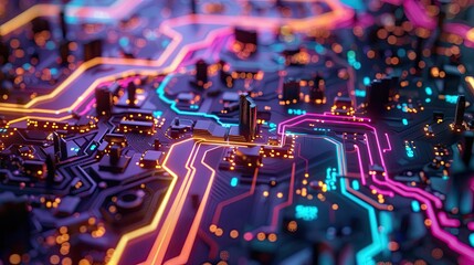 A close-up of a neon circuit board