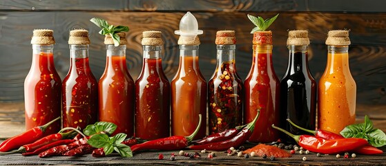 A collection of hot sauce bottles - obrazy, fototapety, plakaty
