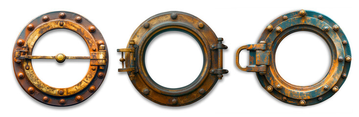 Set of Vintage Aged Brass Ship Porthole on a Transparent Background. Transparent PNG. - 779949870