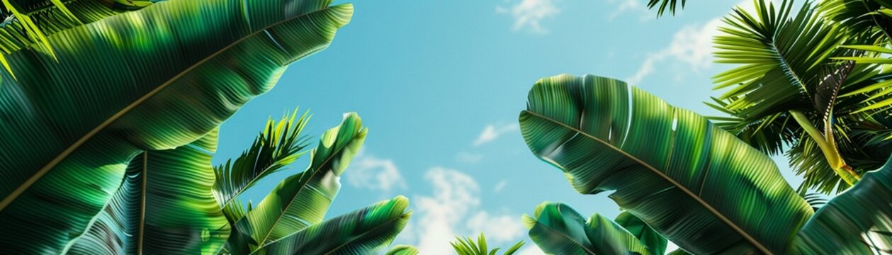 Tropical beauty podium, vibrant green leaf surround, clear sky overhead, birda  seye view shot