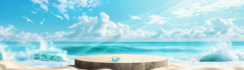 Vacation sale podium, beach sand platform, summer sea and sky scene, travel promotion display - obrazy, fototapety, plakaty