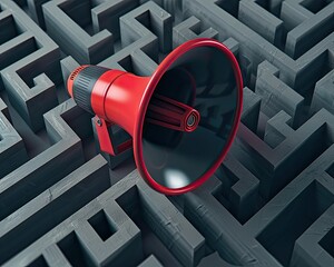 A megaphone surrounded by a maze with the sound providing clues to escape - obrazy, fototapety, plakaty