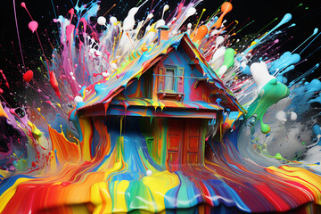 An HD image of a captivating top full-frame view of a house, featuring clean and vivid paint splashes in different colors on a mesmerizing abstract background, creating an immersive visual experience.