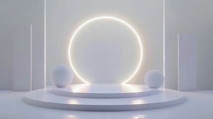 White design 3D podium, technology room stage, future platform with circle glow, abstract setting