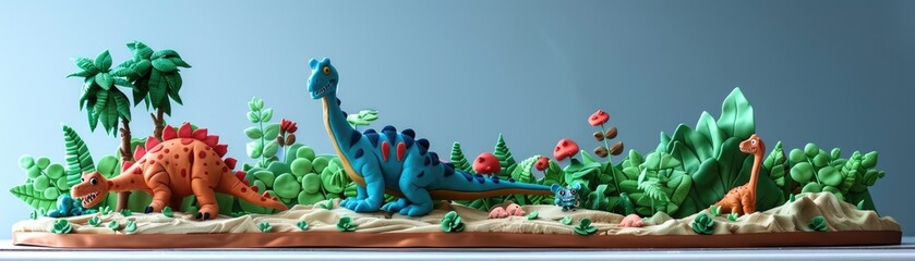 A playful dinosaur-themed cake with a 3D dino topping and prehistoric jungle decorations